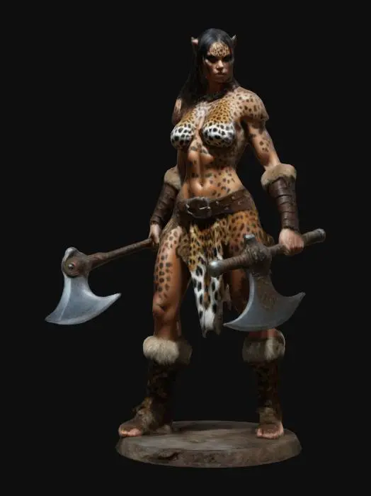 3D model for A fierce looking barbarian woman wearing leopard skin clothing drawn by artist Simon Bisley, painterly look, 