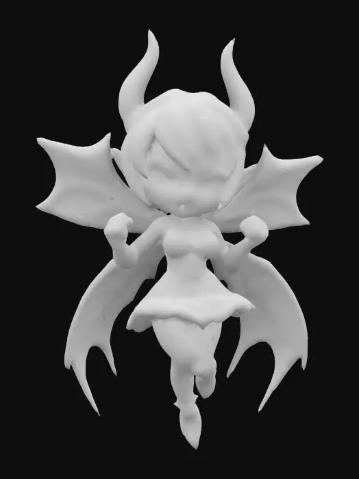 3D model for A fairy inspired by Brian Pulido's Lady Death from the comic book Lady Death . Chibi art style. Menacing pose. Highly stylized. Ensure all walls and features are at least 2mm thick.  Include bold, recessed features with a depth of at least 2mm. Maintain sharp, clean lines. Embossed features to rise at least 2mm above the surface. Recess etched details at least 2mm deep for clarity. DND., #fairy#
