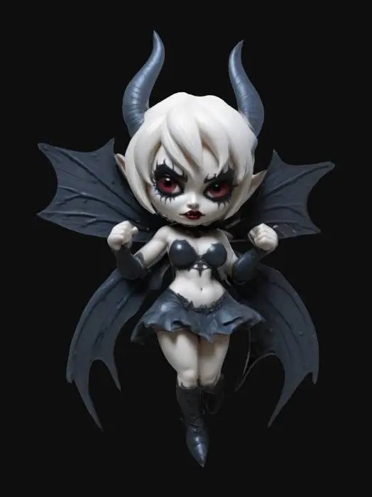 3D model for A fairy inspired by Brian Pulido's Lady Death from the comic book Lady Death . Chibi art style. Menacing pose. Highly stylized. Ensure all walls and features are at least 2mm thick.  Include bold, recessed features with a depth of at least 2mm. Maintain sharp, clean lines. Embossed features to rise at least 2mm above the surface. Recess etched details at least 2mm deep for clarity. DND., #fairy#