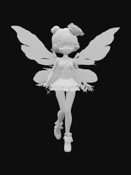 3D model for  a jello fairy. Chibi art style. She has large wings. dynamic pose. Highly stylized, she has a very elaborate couture style, dnd miniature , #fairy#