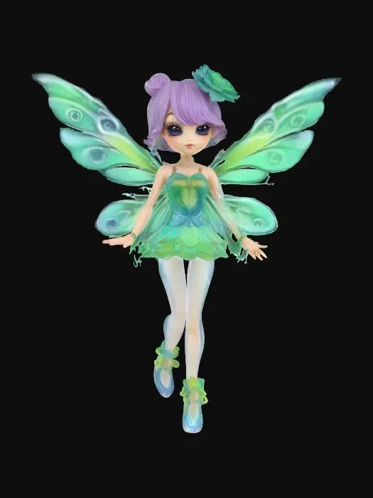 3D model for  a jello fairy. Chibi art style. She has large wings. dynamic pose. Highly stylized, she has a very elaborate couture style, dnd miniature , #fairy#