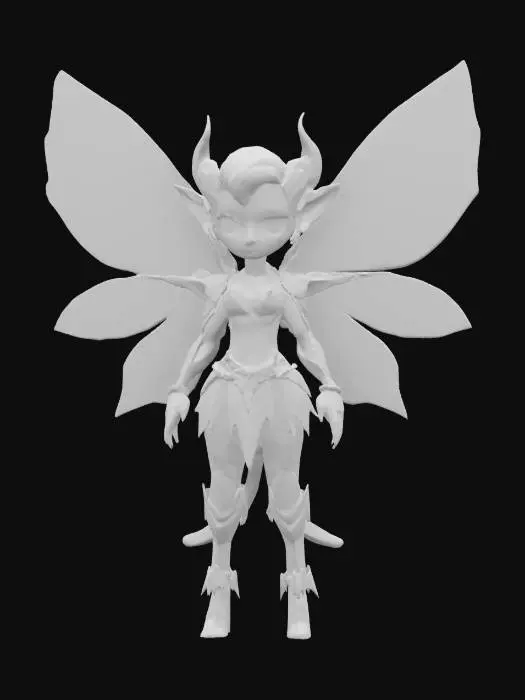 3D model for  a alien fairy inspired by H.R. Giger. Chibi art style. She has large wings. dynamic pose. Highly stylized, she wears alien armor style, dnd miniature , #fairy#