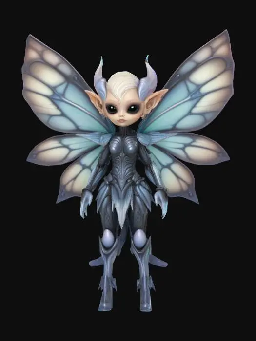 3D model for  a alien fairy inspired by H.R. Giger. Chibi art style. She has large wings. dynamic pose. Highly stylized, she wears alien armor style, dnd miniature , #fairy#