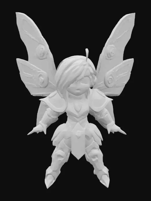 3D model for  a fairy inspired by WarHammer 40k Battle Sisters. Chibi art style. She has large wings. dynamic pose. Highly stylized, dnd miniature , #fairy#