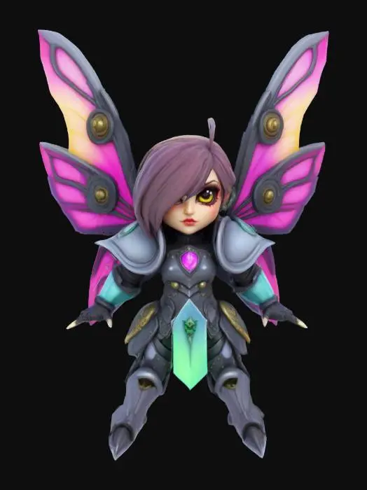 3D model for  a fairy inspired by WarHammer 40k Battle Sisters. Chibi art style. She has large wings. dynamic pose. Highly stylized, dnd miniature , #fairy#