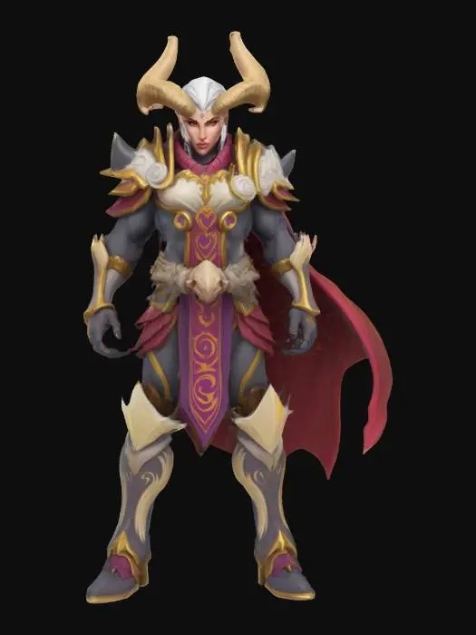 3D model for A world of warcarft  Aries from the Soul Saga comic series,  stylized art style. dynamic pose. Highly stylized, dnd miniature,  