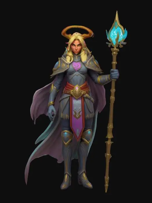 3D model for A world of warcarft  Aries from the Soul Saga comic series,  stylized art style. dynamic pose. Highly stylized, dnd miniature,  