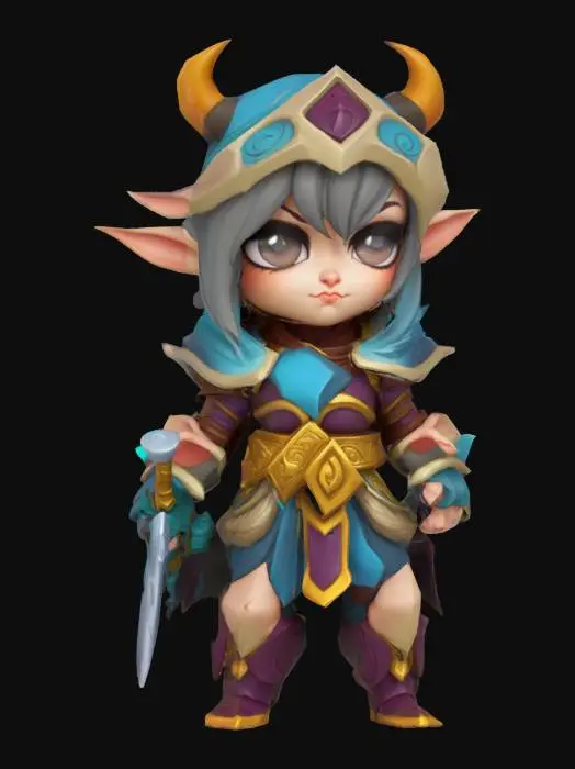 3D model for A world of warcarft  Aries from the Soul Saga comic series, chibi style, stylized art style. dynamic pose. Highly stylized, dnd miniature,  