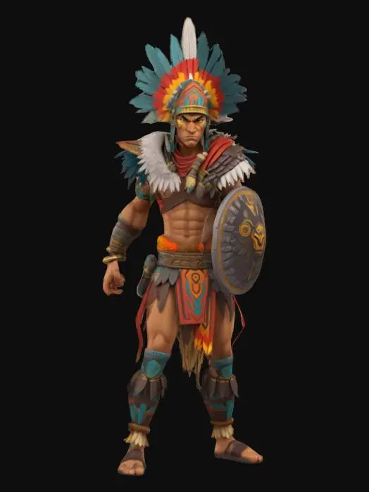 3D model for A world of warcarft  Aztec Eagle Warrior Male character from the Soul Saga comic series, stylized art style. dynamic pose. Highly stylized, dnd miniature,   , #AroundTheWorld#