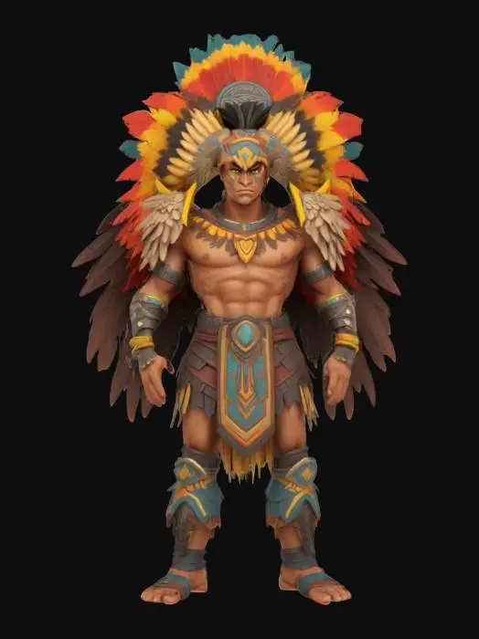 3D model for A world of warcarft  Aztec Eagle Warrior Male character from the Soul Saga comic series, stylized art style. dynamic pose. Highly stylized, dnd miniature,   #AroundTheWorld#