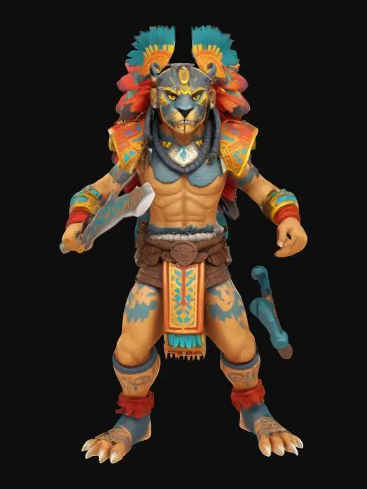 3D model for A world of warcarft  Aztec jaguar Warrior Male character from the Soul Saga comic series, stylized art style. dynamic pose. Highly stylized, dnd miniature,   #AroundTheWorld#