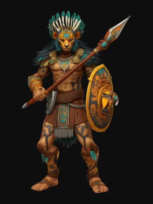 3D model for A world of warcarft  Aztec jaguar Warrior Male character from the Soul Saga comic series, stylized art style. dynamic pose. Highly stylized, dnd miniature, jaguar skin armor,   #AroundTheWorld#