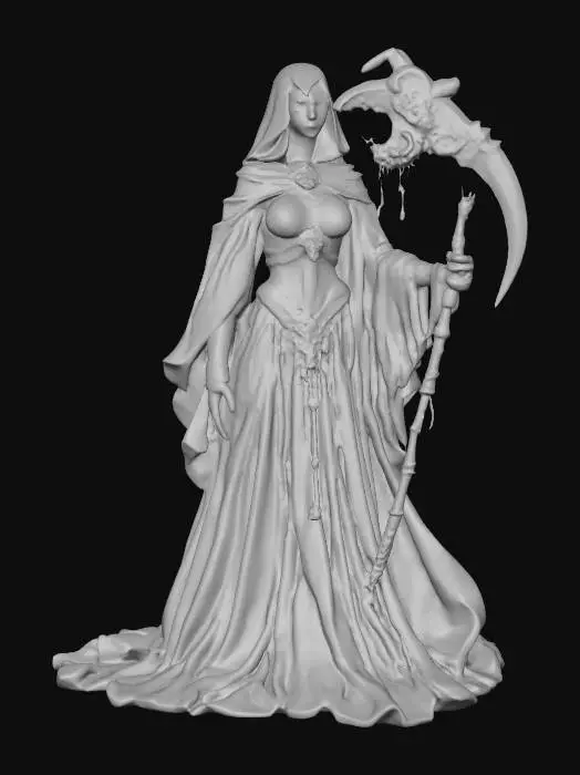 3D model for A world of warcarft female sexy grim reaper character from the Soul Saga comic series, stylized art style. dynamic pose, glowing black eyes, Highly stylized, dnd miniature,