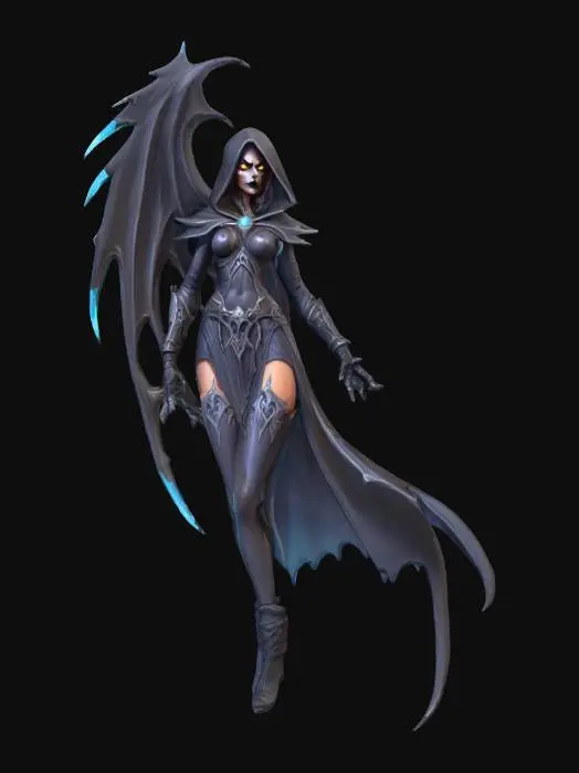 3D model for A world of warcarft  female sexy grim reaper character from the Soul Saga comic series, stylized art style. dynamic pose, glowing black eyes, Highly stylized, dnd miniature, intricated design on cloak #Halloween2025#