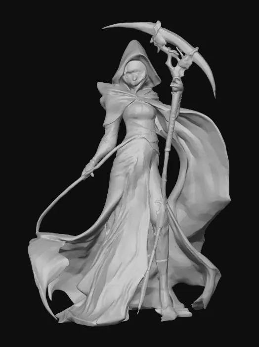 3D model for A world of warcarft  female sexy grim reaper character from the Soul Saga comic series, stylized art style. dynamic pose, glowing black eyes, Highly stylized, dnd miniature, intricated design on cloak #Halloween2025#