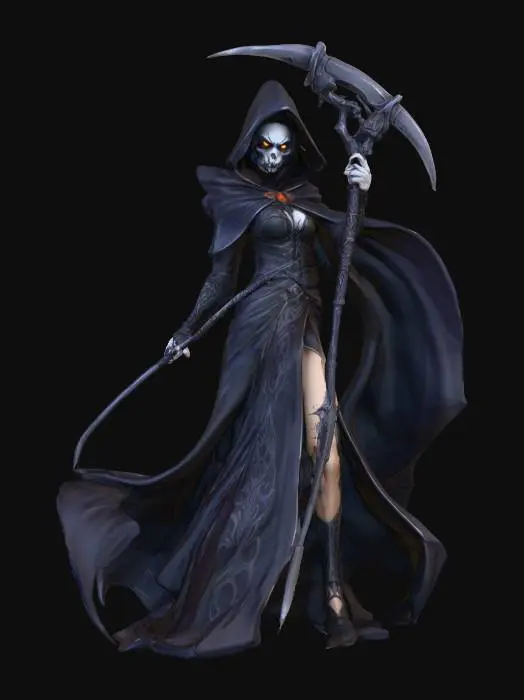 3D model for A world of warcarft  female sexy grim reaper character from the Soul Saga comic series, stylized art style. dynamic pose, glowing black eyes, Highly stylized, dnd miniature, intricated design on cloak #Halloween2025#