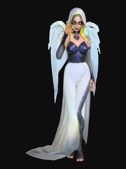 3D model for A world of warcarft  female sexy semi transparent Ghost character from the Soul Saga comic series, stylized art style. dynamic pose, glowing black eyes, Halloween themed colors, Highly stylized, dnd miniature,  #Halloween2025#