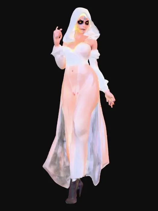 3D model for A world of warcarft  female sexy semi transparent Ghost character from the Soul Saga comic series, stylized art style. dynamic pose, glowing black eyes, Halloween themed colors, Highly stylized, dnd miniature,  #Halloween2025#