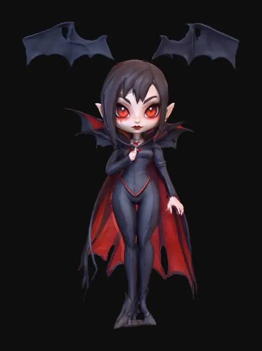3D model for A female Dracula, halloween color theme, he has glowing eyes. Chibi art style. Dynamic pose. Highly stylized. Ensure all walls and features are at least 2mm thick.  Include bold, recessed features with a depth of at least 2mm. Maintain sharp, clean lines. Embossed features to rise at least 2mm above the surface. Recess etched details at least 2mm deep for clarity. DND., #Halloween2025#