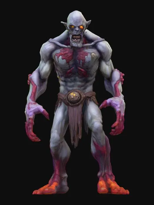 3D model for A extremely large world of warcarft male zombie golem character from the Soul Saga comic series, stylized art style. dynamic pose, decomposed skin, mutated limbs potruding from body, large cancer like masses on body and face, glowing black eyes, Halloween themed colors, Highly stylized, dnd miniature,  #Halloween2025#