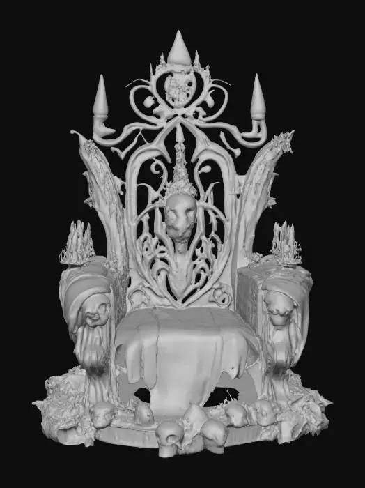 3D model for #Halloween2025#, A stylized vdieo game asset for the game Kingdom Hearts, the Halloween kings Throne, It has skulls, bats and black roses adorning it, their is a strange glow that comes from the throne,