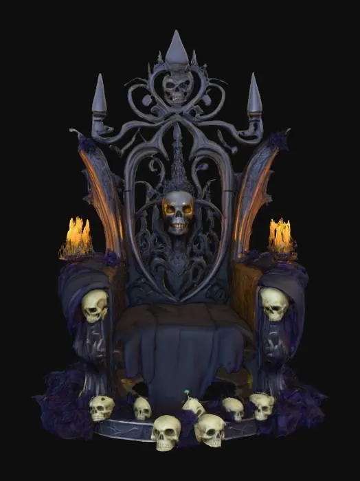 3D model for #Halloween2025#, A stylized vdieo game asset for the game Kingdom Hearts, the Halloween kings Throne, It has skulls, bats and black roses adorning it, their is a strange glow that comes from the throne,