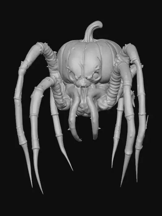 3D model for A world of warcarft Giant Pumpkin Spider character stylized art style, has large fangs, huge long legs, glowing elements on body, dynamic pose, glowing black eyes, Halloween themed colors, Highly stylized, dnd miniature,  #Halloween2025#