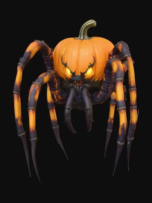 3D model for A world of warcarft Giant Pumpkin Spider character stylized art style, has large fangs, huge long legs, glowing elements on body, dynamic pose, glowing black eyes, Halloween themed colors, Highly stylized, dnd miniature,  #Halloween2025#