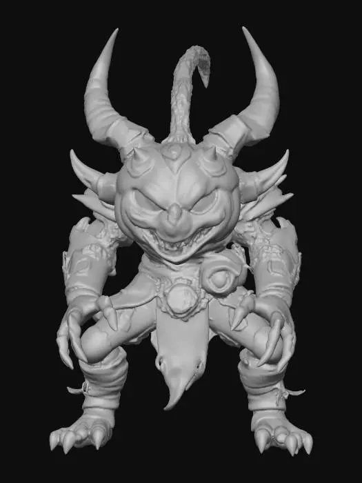 3D model for A world of warcarft Pumpkin goblin warrior character stylized art style, has large fangs, glowing elements on body, dynamic pose, glowing black eyes, Halloween themed colors, Highly stylized, dnd miniature,  #Halloween2025#