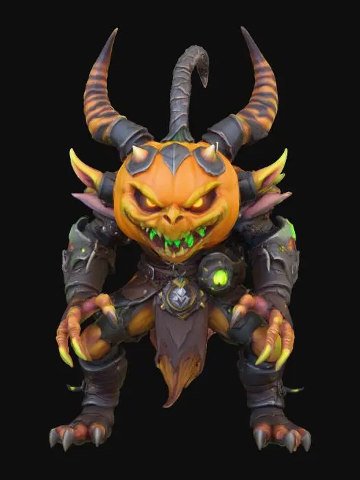 3D model for A world of warcarft Pumpkin goblin warrior character stylized art style, has large fangs, glowing elements on body, dynamic pose, glowing black eyes, Halloween themed colors, Highly stylized, dnd miniature,  #Halloween2025#