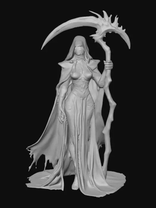 3D model for A world of warcarft  female Grim Reaper character, stylized art style. dynamic pose, glowing black eyes,  Highly stylized, dnd miniature,  #Halloween2025#