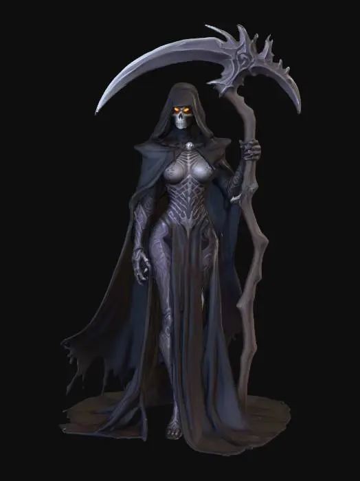 3D model for A world of warcarft  female Grim Reaper character, stylized art style. dynamic pose, glowing black eyes,  Highly stylized, dnd miniature,  #Halloween2025#