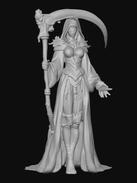 3D model for A world of warcarft  female Grim Reaper character, stylized art style. dynamic pose, glowing black eyes, gold and black color scheme, large Scythe with golowing blade, Highly stylized, dnd miniature,  #Halloween2025#