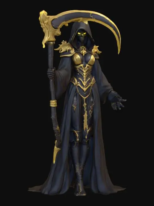 3D model for A world of warcarft  female Grim Reaper character, stylized art style. dynamic pose, glowing black eyes, gold and black color scheme, large Scythe with golowing blade, Highly stylized, dnd miniature,  #Halloween2025#