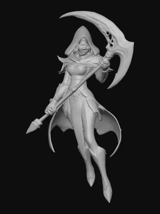 3D model for A world of warcarft  female Grim Reaper character, stylized art style. dynamic pose, glowing black eyes, gold and black color scheme, large Scythe with golowing blade, Highly stylized, dnd miniature,  #Halloween2025#