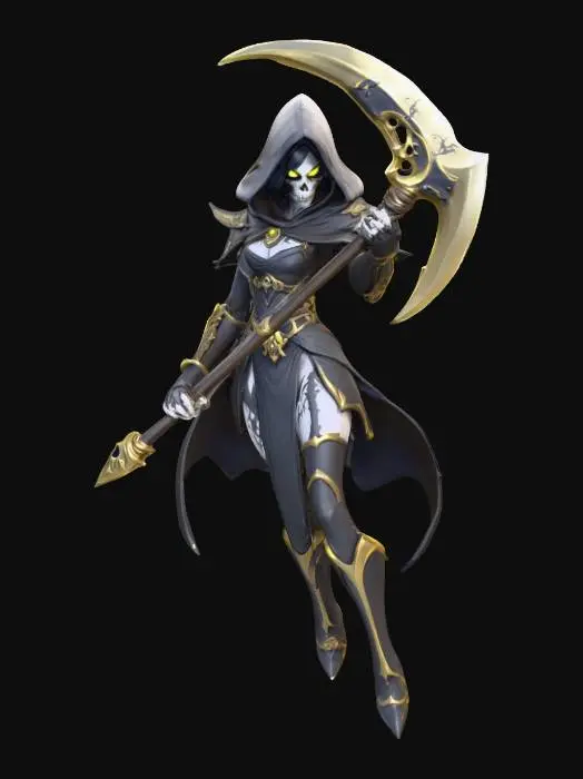 3D model for A world of warcarft  female Grim Reaper character, stylized art style. dynamic pose, glowing black eyes, gold and black color scheme, large Scythe with golowing blade, Highly stylized, dnd miniature,  #Halloween2025#