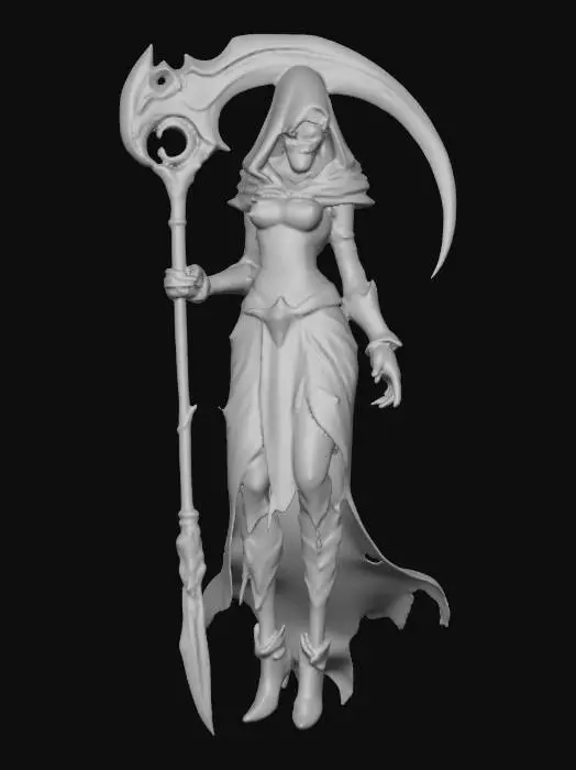 3D model for A world of warcarft  female Grim Reaper character, stylized art style. dynamic pose, glowing black eyes, gold and black color scheme, large Scythe with golowing blade, Highly stylized, dnd miniature,  #Halloween2025#