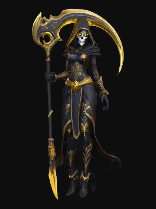 3D model for A world of warcarft  female Grim Reaper character, stylized art style. dynamic pose, glowing black eyes, gold and black color scheme, large Scythe with golowing blade, Highly stylized, dnd miniature,  #Halloween2025#
