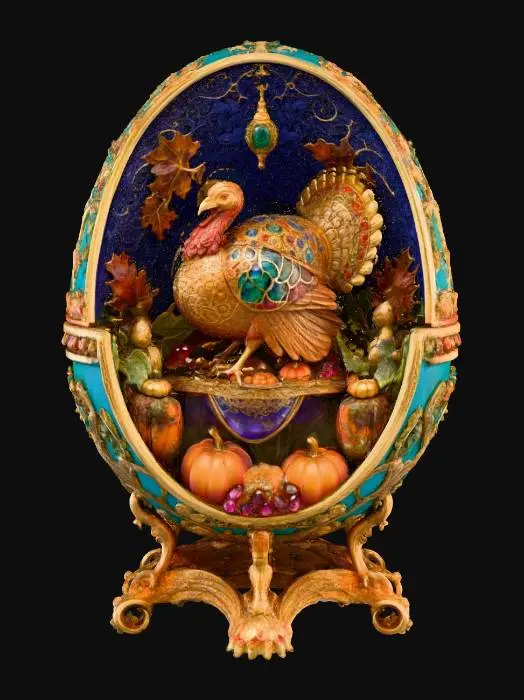 3D model for A very detailed and elborately decorated faberge egg that opens from the middle to show a very detailed and elegant Thanksgiving scene witht he center of the scene being a jeweled turkey, the egg has an eleborate and elegant base , #Thanksgiving#