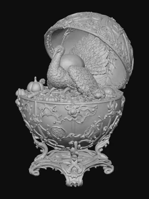 3D model for A very detailed and elborately decorated faberge egg that opens from the middle to show a very detailed and elegant Thanksgiving scene witht he center of the scene being a jeweled turkey, the egg has an eleborate and elegant base , #Thanksgiving#