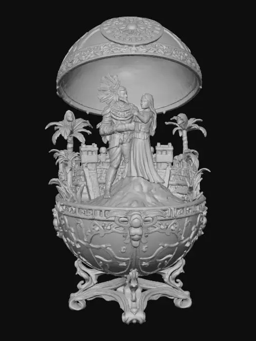 3D model for A very detailed and elborately decorated faberge egg that opens from the middle horizontally, to show a very detailed and elegant Azetec scene with the center of the scene being A muscular Aztec warrior named Popocatépetl carrying  a long haired Aztec princess Iztaccíhuatl in his arms, they are on the top of a mountain as he looks towards the sky  the egg has an eleborate and elegant base , #Thanksgiving#