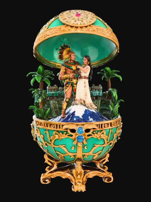 3D model for A very detailed and elborately decorated faberge egg that opens from the middle horizontally, to show a very detailed and elegant Azetec scene with the center of the scene being A muscular Aztec warrior named Popocatépetl carrying  a long haired Aztec princess Iztaccíhuatl in his arms, they are on the top of a mountain as he looks towards the sky  the egg has an eleborate and elegant base , #Thanksgiving#