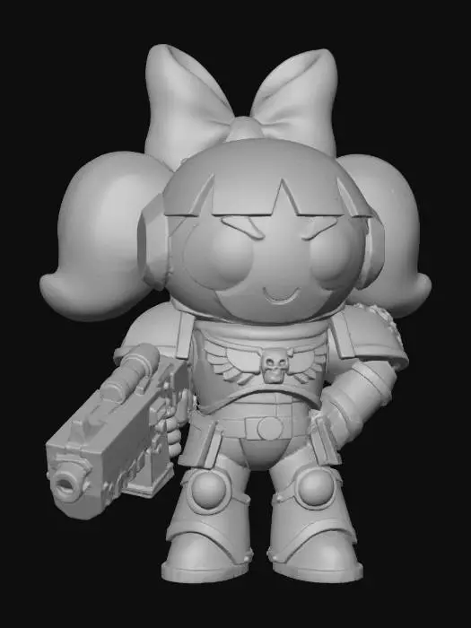 3D model for Blossom from the powerpuff girls in full Warhammer 40k Space Marine Armor, stylized and minimal,