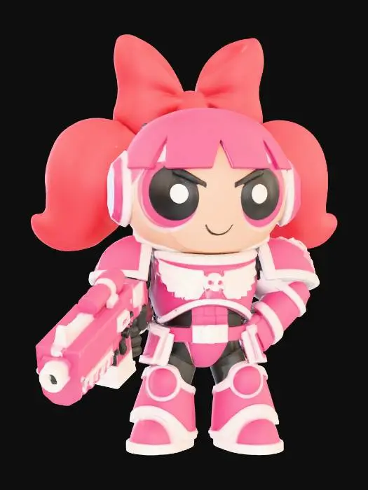 3D model for Blossom from the powerpuff girls in full Warhammer 40k Space Marine Armor, stylized and minimal,
