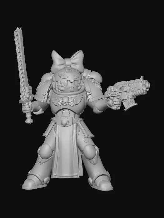 3D model for Blossom from the powerpuff girls in full Warhammer 40k Space Marine Armor, stylized and minimal,