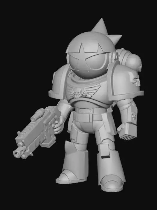 3D model for Buttercup from the powerpuff girls in full Warhammer 40k Space Marine Armor, stylized and minimal,