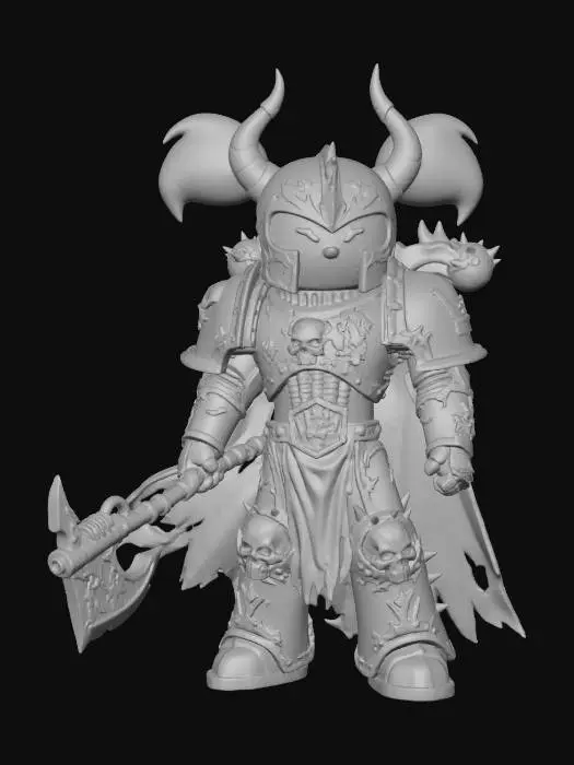 3D model for Princess Morbucks from the powerpuff girls in full Warhammer 40k Chaos Marine Armor, her hair is orange, stylized and minimal,