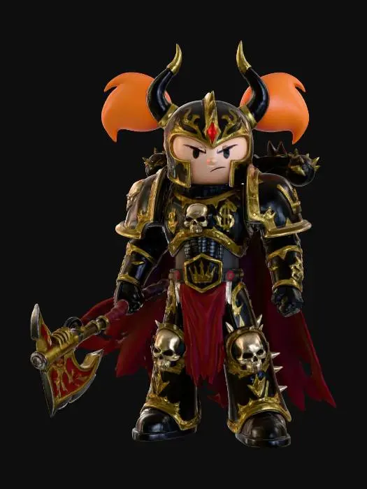 3D model for Princess Morbucks from the powerpuff girls in full Warhammer 40k Chaos Marine Armor, her hair is orange, stylized and minimal,