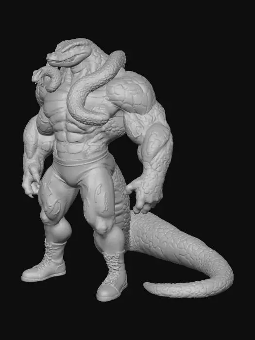 3D model for A giant anthropomorphic Snake as Jake the Snake from WWF drawn Blizzard games, he has a smaller snake hung around his shoulders and neck, he has no shirt and skin tight shiny blue wrestling pants that have a flame on them, he wears white wrestling boots