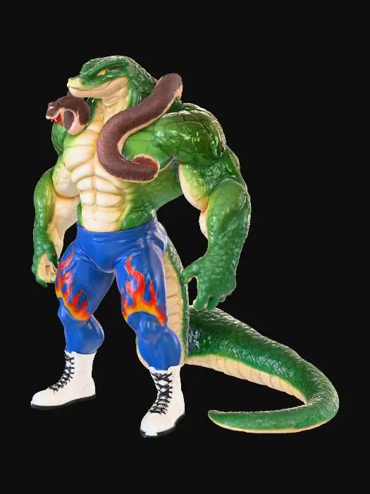 3D model for A giant anthropomorphic Snake as Jake the Snake from WWF drawn Blizzard games, he has a smaller snake hung around his shoulders and neck, he has no shirt and skin tight shiny blue wrestling pants that have a flame on them, he wears white wrestling boots